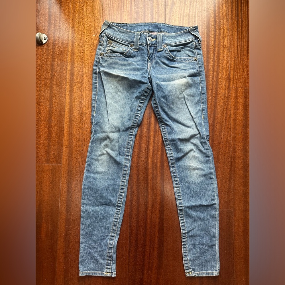 True Religion, low rise, skinny jeans.
